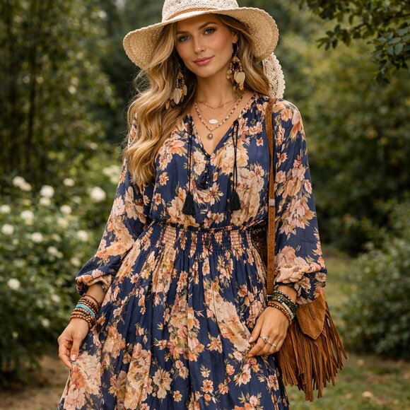 Terra & Sky Dresses & Skirts - Slate Blue Floral Smocked Midi Dress Elastic Waist Boho Plus Size 0X 14W Spring